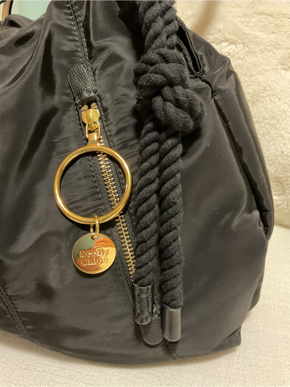 See By Chloe Flo- Black Nylon Shoulder Bag with Gold Ring Charm - Picture 2 of 13